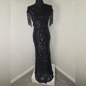 Stunning Black Sequin Evening Gown with Tassles